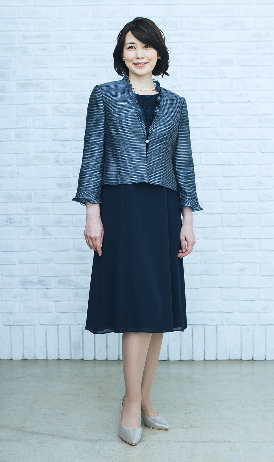 米沢織フリルカラージャケット＋レースブラウスドッキングワンピースセット