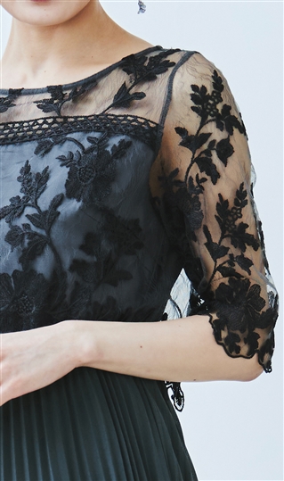 刺繍レース切替プリーツロングドレス12