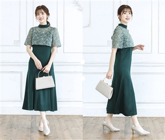  ラメ刺繍×サテン2Pドレス