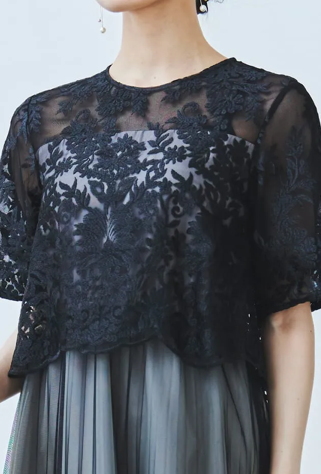 刺繍レースボレロ×チュールプリーツドレス ブラック系の画像4