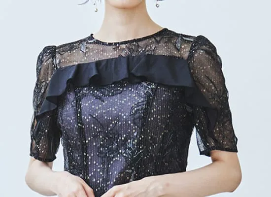 ラメラインフラワー刺繍×シフォンドレス ブラック系の画像2