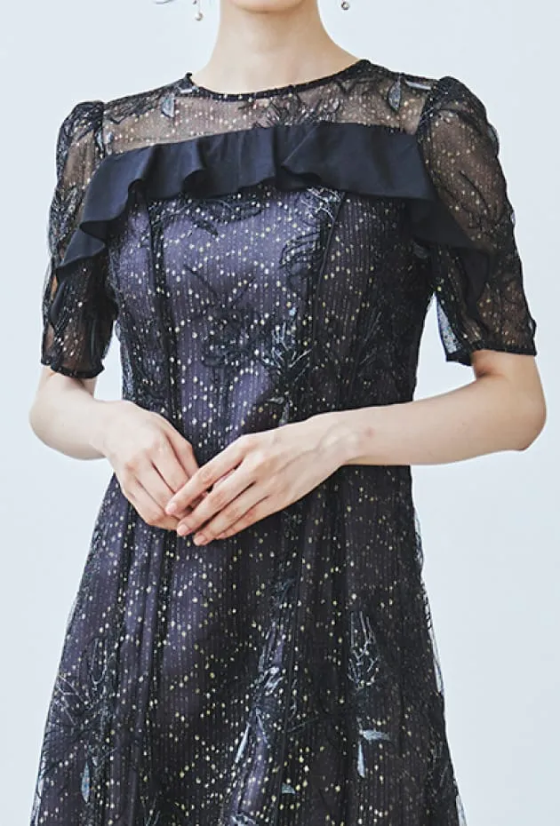 ラメラインフラワー刺繍×シフォンドレス ブラック系の画像2