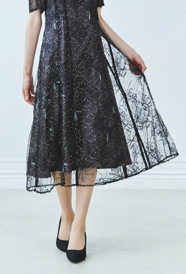 ラメラインフラワー刺繍×シフォンドレス ブラック系の画像3