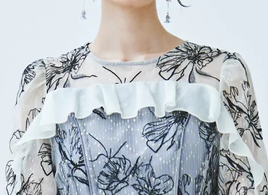 ラメラインフラワー刺繍×シフォンドレス ブルー系の画像2