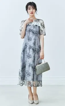 ラメラインフラワー刺繍×シフォンドレス ブルー系のサムネイル